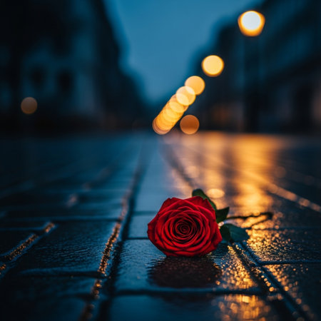 Red rose on the pavement in the city at night. Romantic backgroundの素材