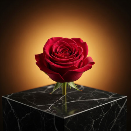 Red rose on a black marble pedestal against a dark background.の素材