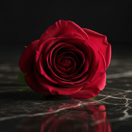 Red rose on a black marble background. Valentine's day concept.の素材