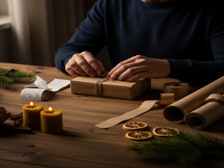 man wrapping christmas gift in craft paper on rustic wooden tableの素材