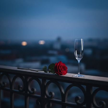 Romantic dinner on the balcony with red rose and wine glass.の素材