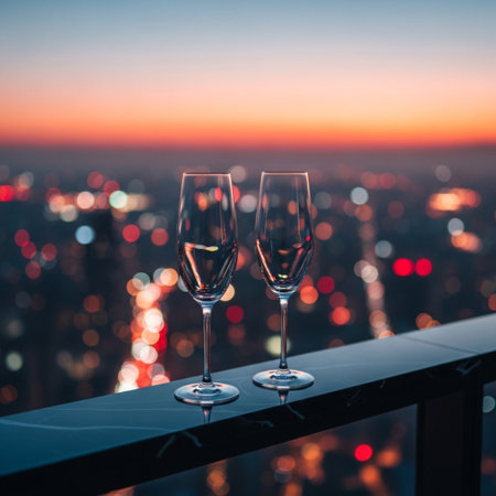 Two glasses of champagne on a balcony overlooking the city at sunset.の素材