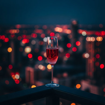 Glass of red wine on the balcony with view of the city at nightの素材