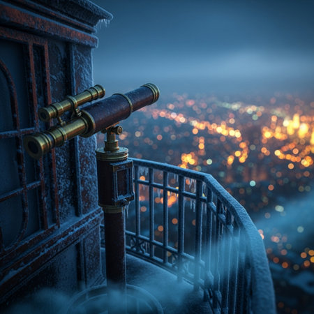 Telescope on the balcony overlooking the city at night. 3D renderingの素材