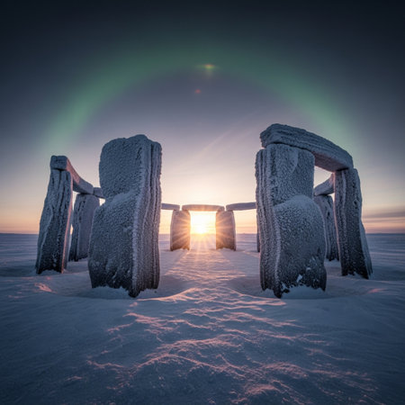 Sunset over the frozen megalithic romanic cemetery in Icelandの素材