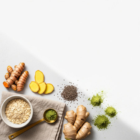 Top view of oat flakes, ginger and turmeric powder in bowl on white backgroundの素材