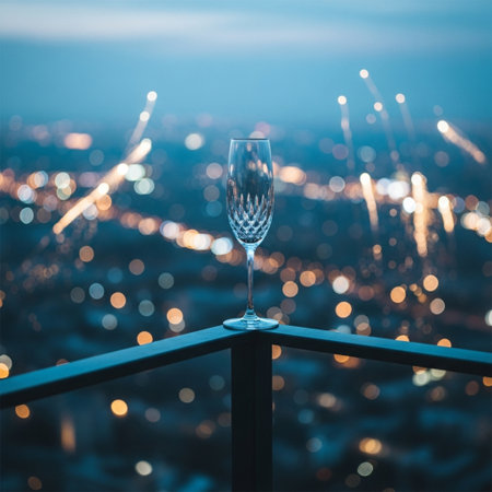 Wine glass on the balcony with a view of the city.の素材