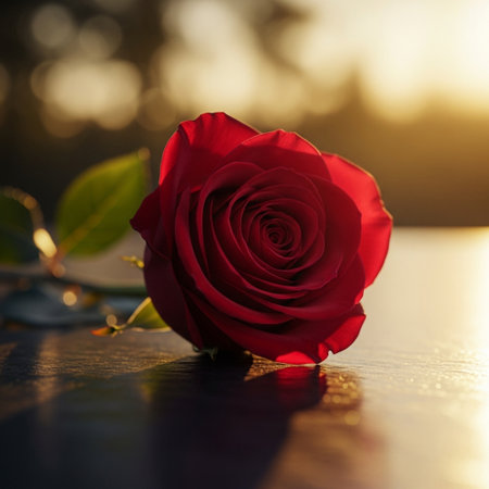 Beautiful red rose on a wooden table in sunset light, close-upの素材