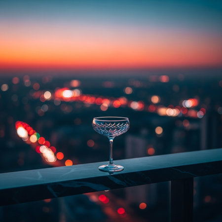 Empty wine glass on a balcony overlooking the city at sunset or sunriseの素材