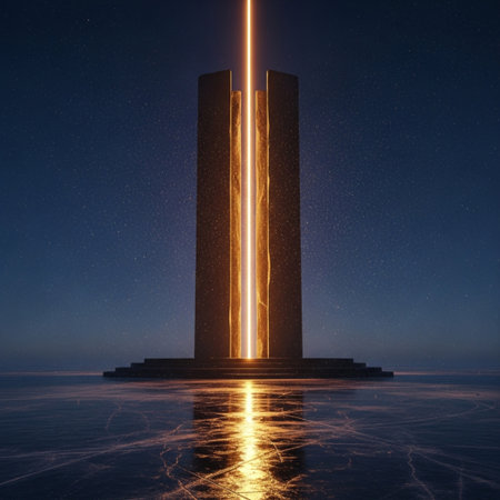 3D Illustration of a Futuristic Building in the Night Skyの素材