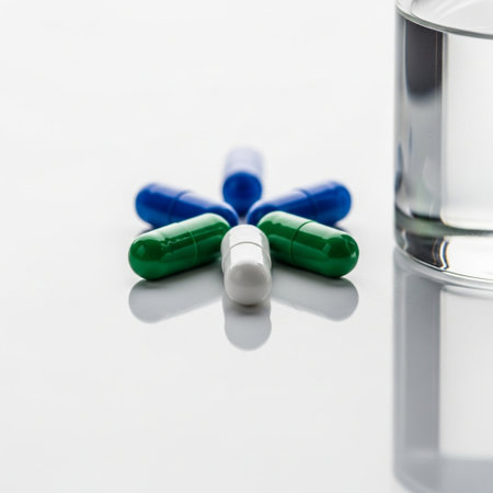 Pills and a glass of water on white background. Focus on foreground.の素材