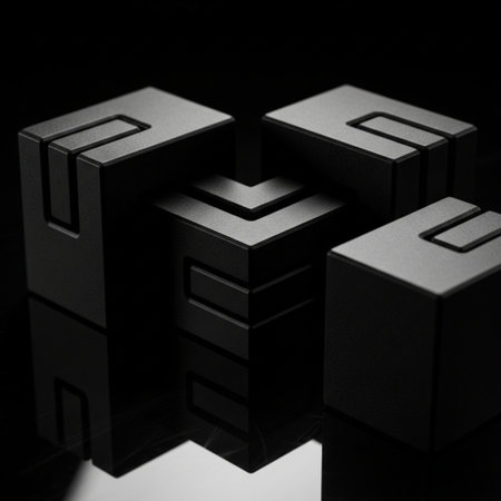 Abstract black cube on a black background. 3d rendering, 3d illustration.の素材