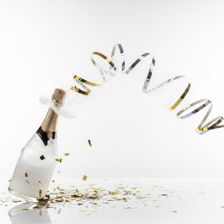 Champagne bottle with confetti and streamer on a white backgroundの素材