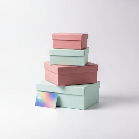 stack of colorful gift boxes with credit card on white background, shopping conceptの素材
