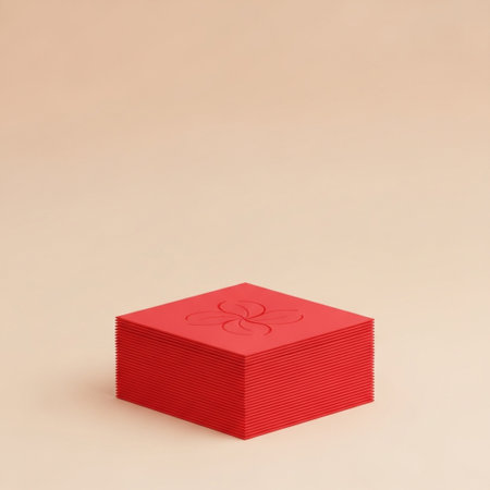 Stack of red gift boxes on beige background. 3D renderingの素材