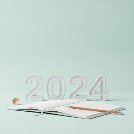 Notebook with pencil and numbers 2014 on mint background. New Year concept.の素材