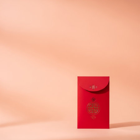 Chinese New Year red envelope on a pink background with copy space.の素材
