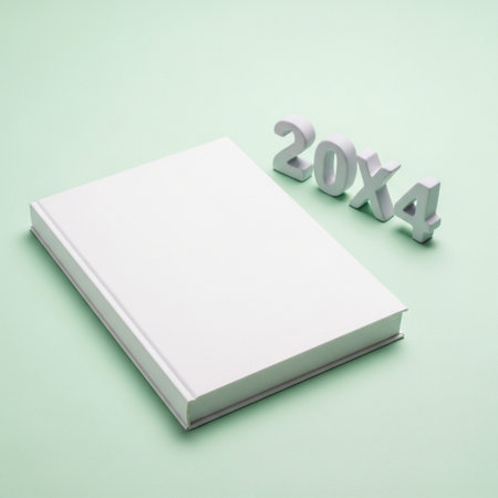 New Year 2014 concept - Open book with white wooden letters on green backgroundの素材