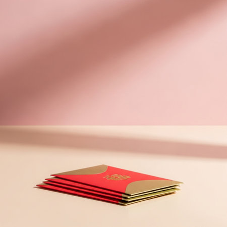 Red envelopes on a pink background with a shadow from the windowの素材