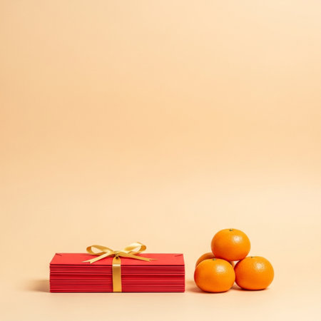 Orange gift box and mandarins on a beige background.の素材