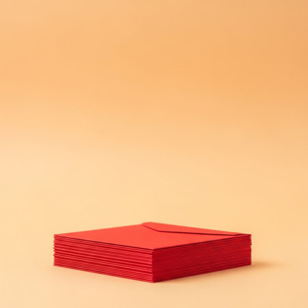 Red envelopes on orange background with copy space for your text.の素材