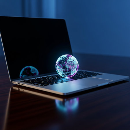 Laptop with globe hologram on wooden table. 3d renderingの素材