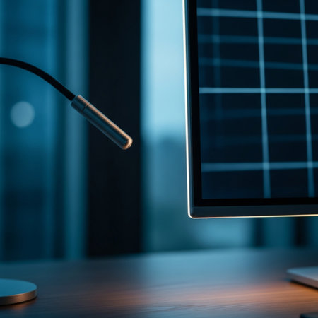 Close up of a microphone on a computer monitor in a dark officeの素材