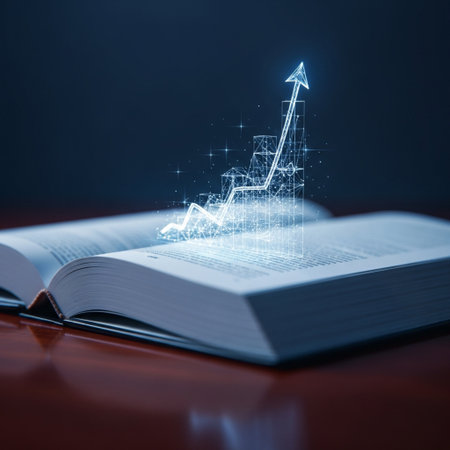 Open book with glowing growing graph on dark background. 3D renderingの素材