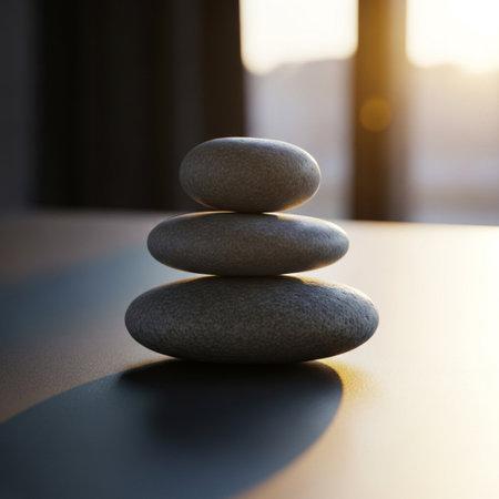 Stack of zen stones on table in morning light. Zen conceptの素材