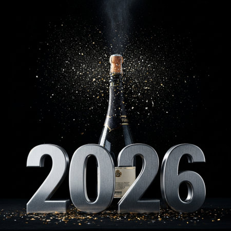 New Year 2016 celebration with champagne bottle and confetti on black backgroundの素材