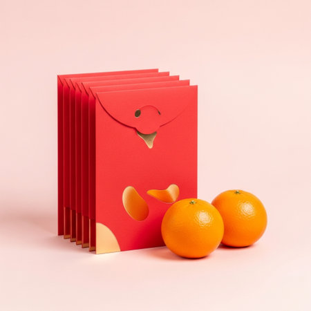 Red paper bag with mandarins on pink background. Minimal concept.の素材