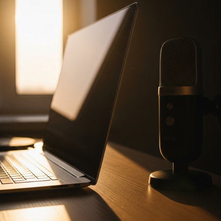Laptop and microphone on the desk in the morning light. Media concept.の素材
