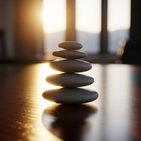 Stack of zen stones on wooden floor in the morning light.の素材