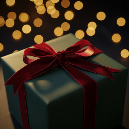 Gift box with red ribbon and bokeh lights background.の素材