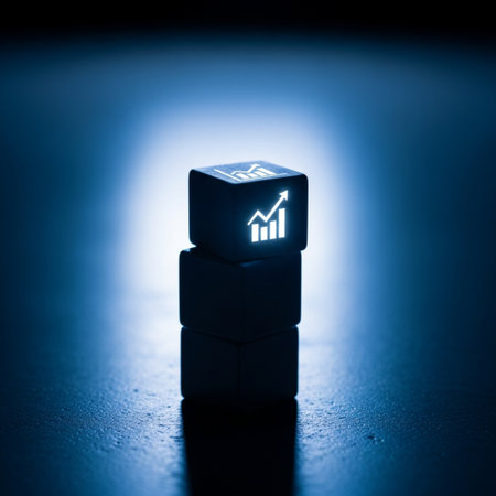 Finance and business concept. Blue dice with rising graph on dark backgroundの素材