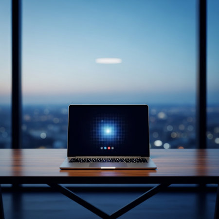 laptop on wooden table with blur cityscape background, 3d renderの素材