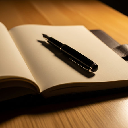 Notebook and fountain pen on wooden table background with copy space.の素材