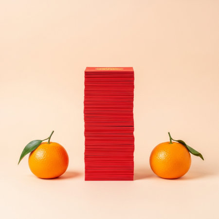 Tangerines with red paper on pastel background. Creative conceptの素材