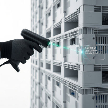 Digital composite of Hand with black glove holding security camera in warehouse 3dの素材