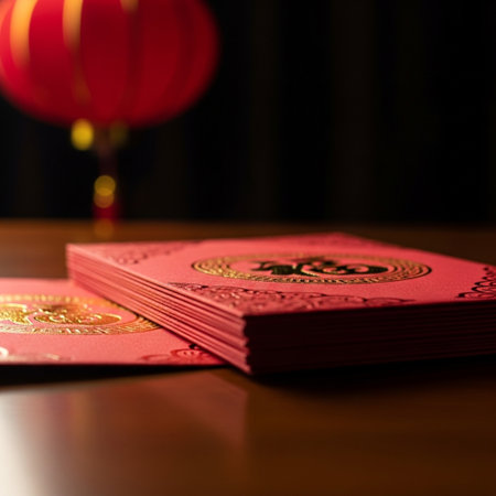 Chinese new year red envelopes on a wooden table with red lanternの素材