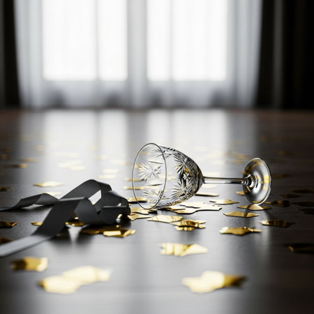 Broken wineglass on the floor with golden confetti and ribbonの素材