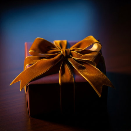 Gift box with golden bow on dark background. Toned.の素材
