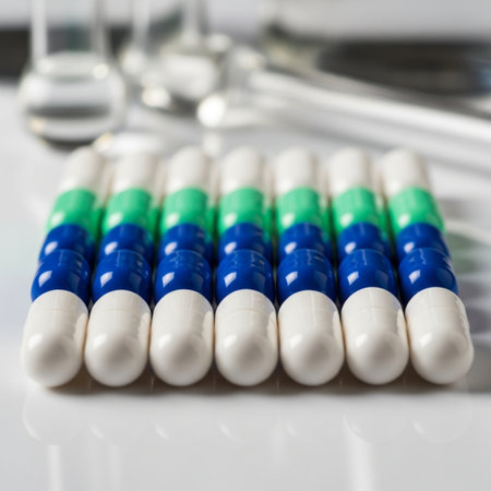 Close-up of a group of white and blue pills in a rowの素材