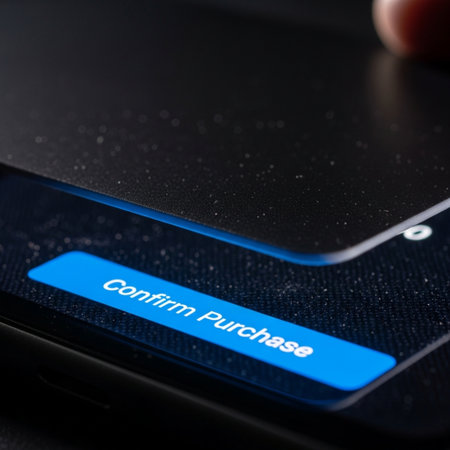 Closeup of a smart phone with a blue button on the screenの素材