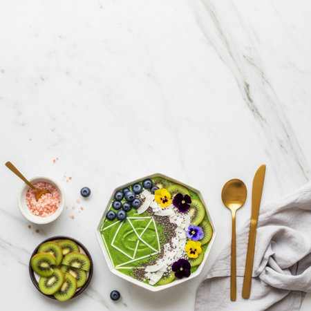 Chia seed pudding with kiwi, blueberries and coconut flakes in bowl on white marble background, copy spaceの素材