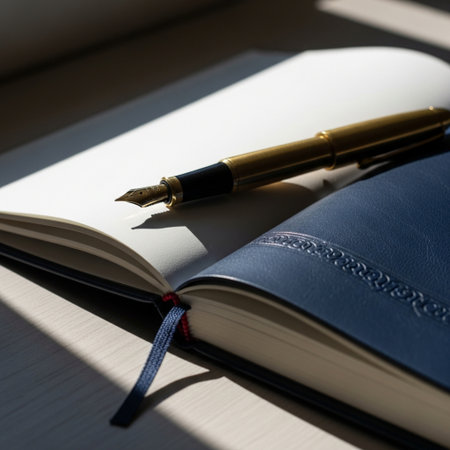 Fountain pen on a notebook with a blue cover on the tableの素材