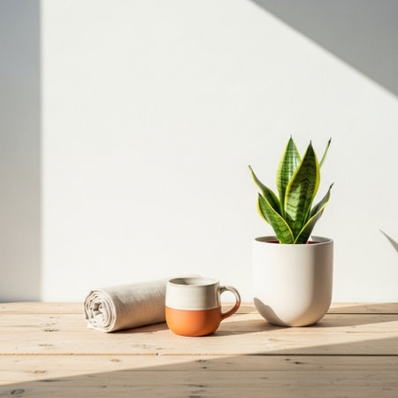 coffee cup and sansevieria plant on wooden table in sunlightの素材