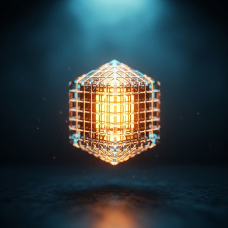 3d rendering of a glowing cube on a dark background. 3d illustrationの素材