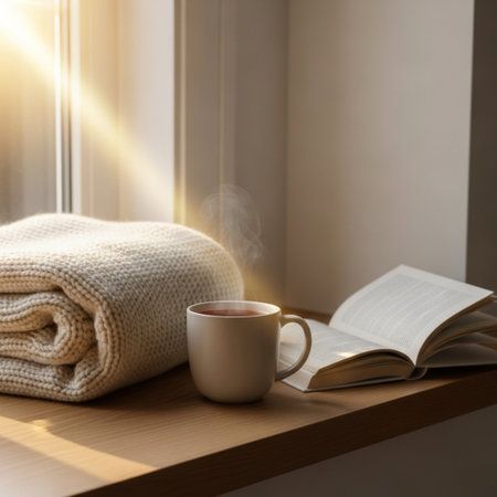 Cup of hot tea and book on the windowsill at morning.の素材