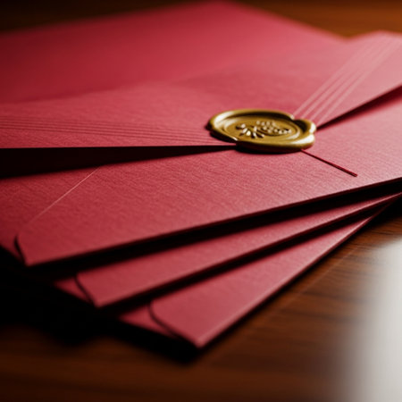 Red envelopes on a wooden background. Shallow depth of field.の素材